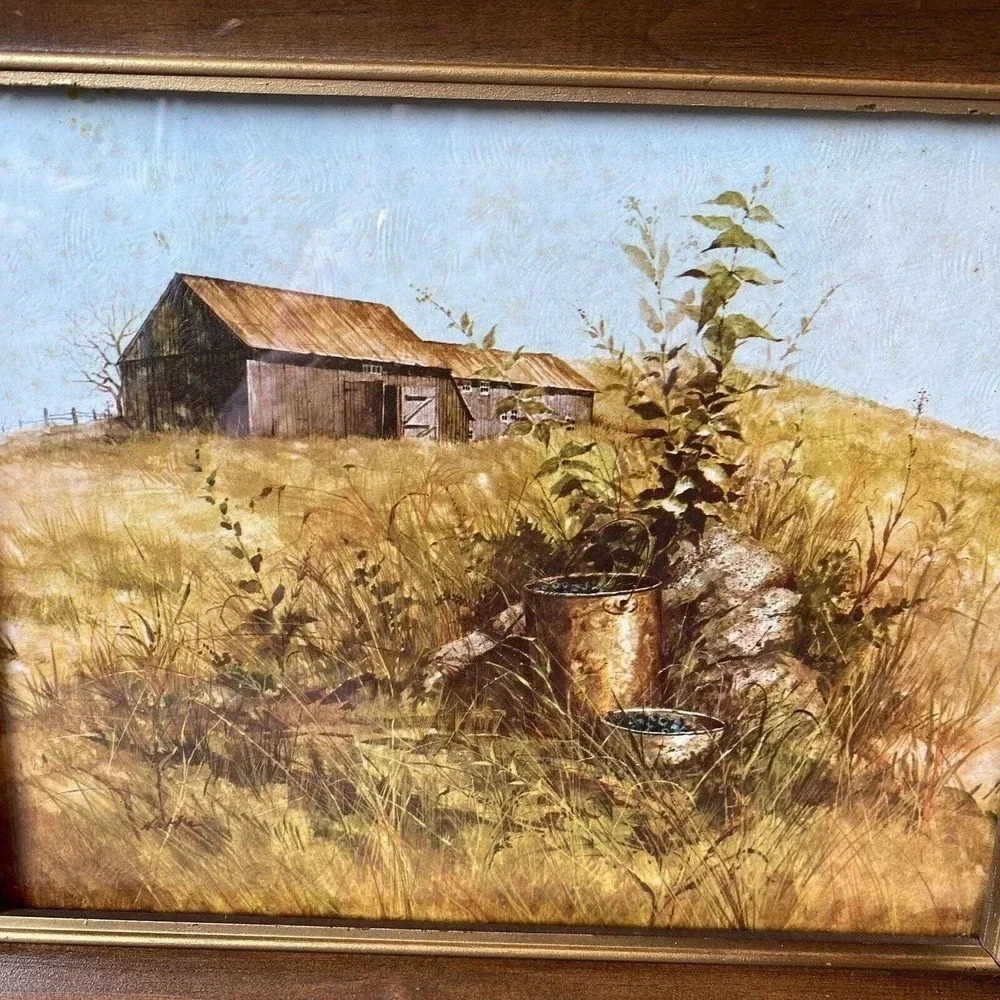 VTG Art Frame Filed Farm House Blueberry Bucket Print Water Color Hand Painted - Picture 4 of 6